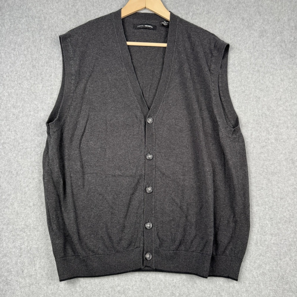 John Henry Sweater Vest Mens XL Gray 100% Cotton Cardigan Button Up Grandpacore